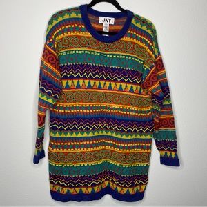 Vintage JNY Heavily Beaded Boho 3D Knit Tribal Crew Neck Sweater Rainbow